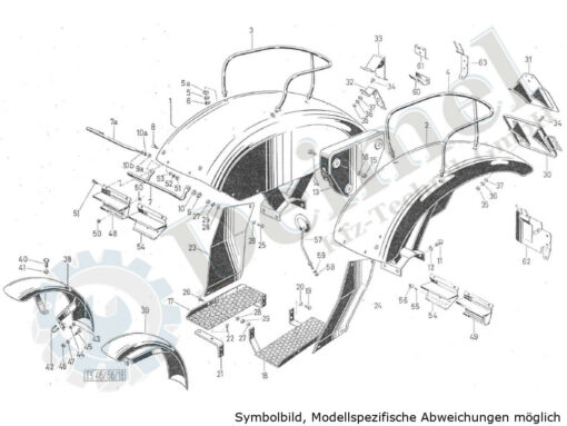 Sitzkotfügel, Werkzeugkasten, Fußboden, Kennzeichenträger, Vorderkotflügel